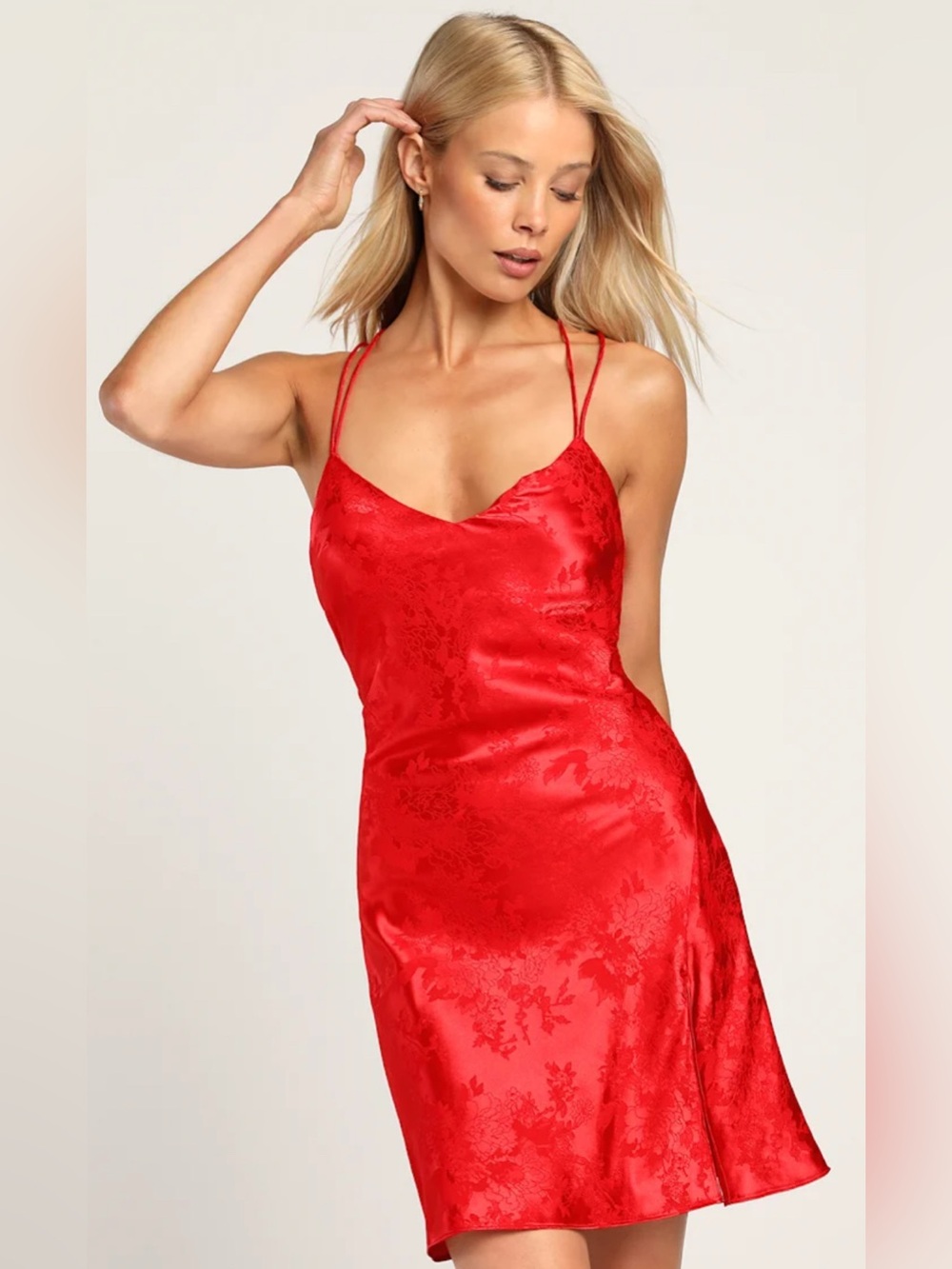 Prosecco Toasts Red Floral Jacquard Satin Mini Dress